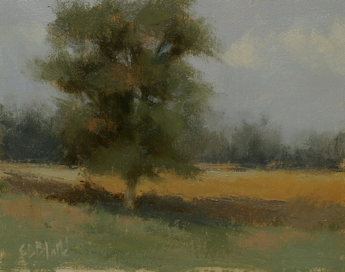 A plein air painting of a tree in a field