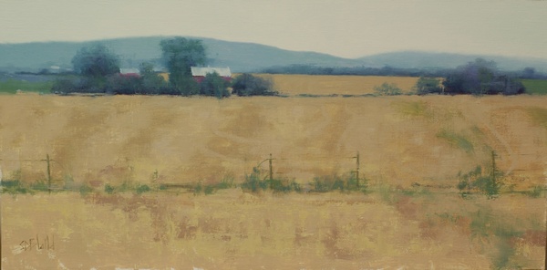 A painting of harvested wheat field, a red barn and the Blue Ridge mountains in Jefferson MD