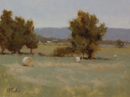 This landscape was created using a limited palette. It features hay bales, a middle-ground treeline and the Blue Ridge mountains in the far distance.