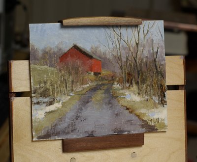 A landscape painting featuring a red barn and bare winter trees.