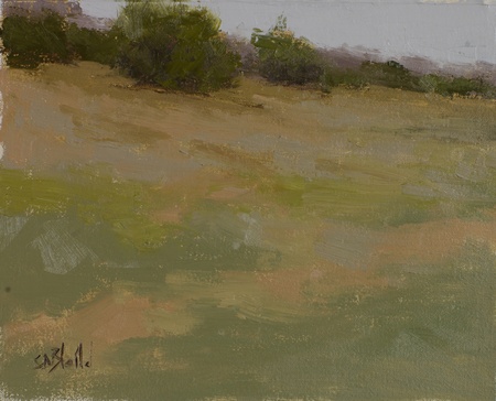 A small landscape painting featuring shrubs sitting on a bank.