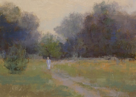 A plein air painting with a figure. Extra painting and scumbling done back in the studio