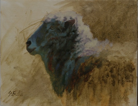 This painting of a ram's head features a minimally painted abstract background done with raw umber washes. Most of the head is in shadow.