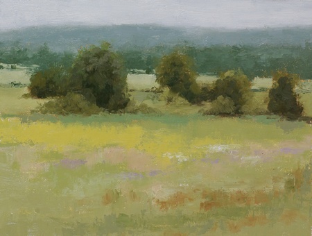 A plein air painting of meadows and trees with masses of wildflowers in the foreground.