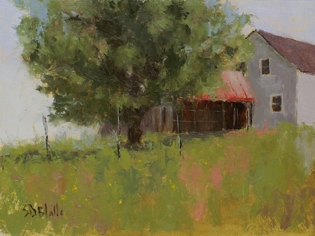 A plein air painting featuring a barn and a tree. The viewpoint is slightly uphill.