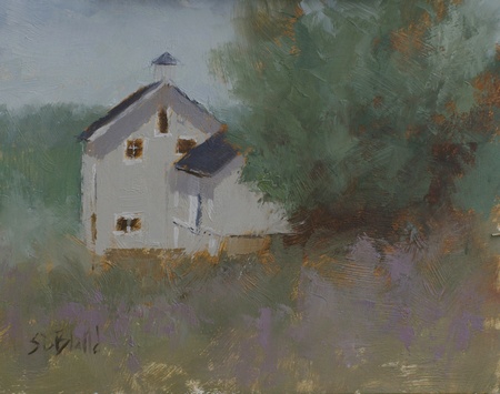 A plein air painting of a gray barn surrounded by trees. The foreground has lilac-colored accents.