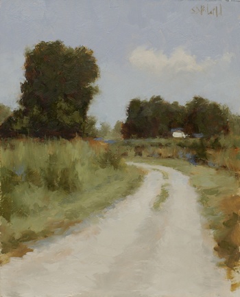 Painting of an unpaved Virginia road with dark trees and a white farm building in the distance.