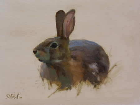 This painting of a rabbit was done on a toned canvas. The background was left unpainted. Grass is represented by a few abstract strokes of raw umber.