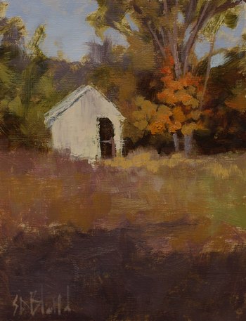 An oil sketch of a small white barn in a fall landscape.