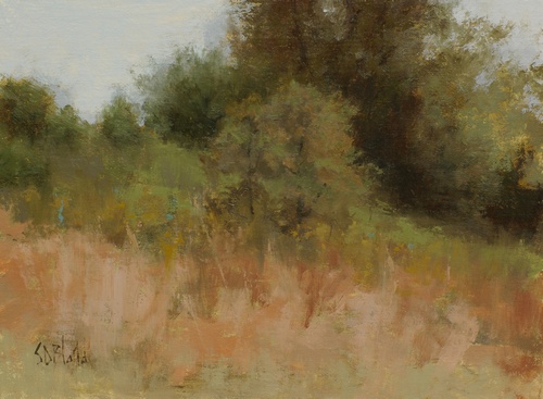 A painting of bushes in a treeline. This uses transparent darks and an impressionistic foreground with texture effects.