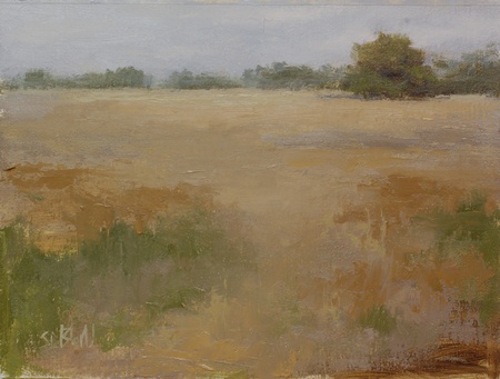 This landscape painting of wheat fields features atmospheric effects and an abstracted foreground.