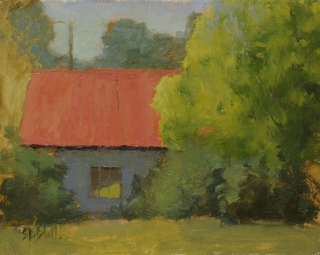 A plein air painting of a shed with a red roof framed by large masses of yellow trees