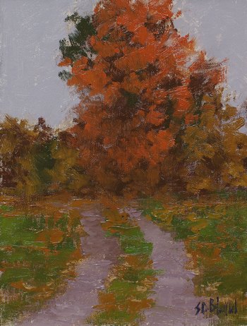 This small oil painting features a farm track leading to a large tree displaying its fall foliage