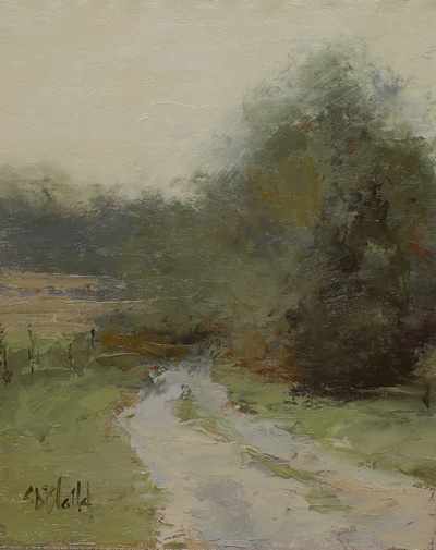 This small landscape of trees alongside an unpaved road features heavy painting knife work.