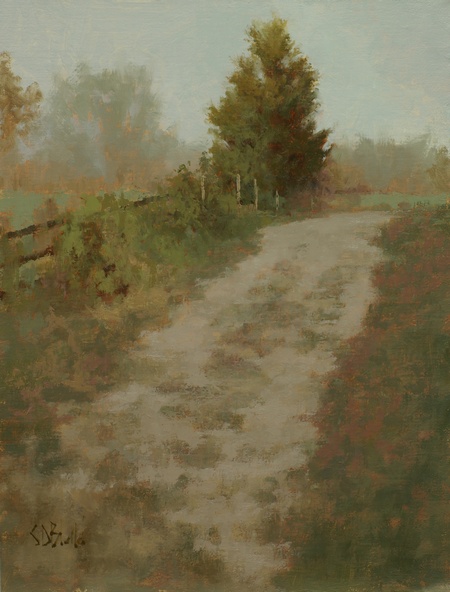 A painting of a farm track with trees and hedgerows