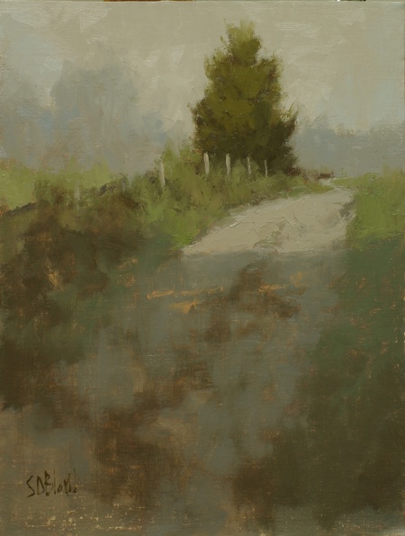 A painting of a farm track with grayed out palette