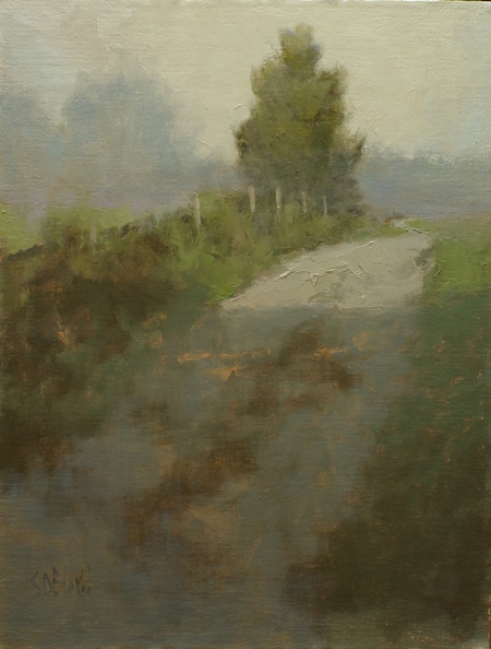 A painting of a farm track with scumbling applied