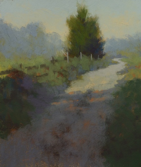 A colorful impressionistic pastel study of a farm track