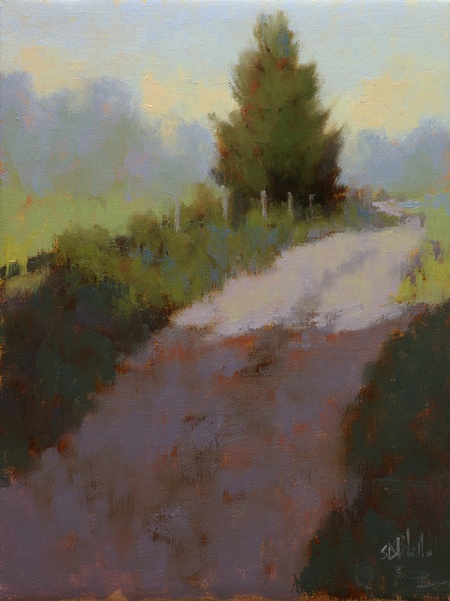 A colorful impressionistic painting of a farm track