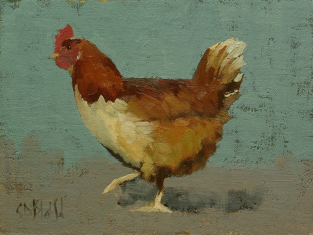 A painting of a chicken set against a blue and gray background with a folk art feel