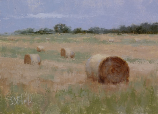 A painting of hay bales in a field at Furnace Mountain in VA