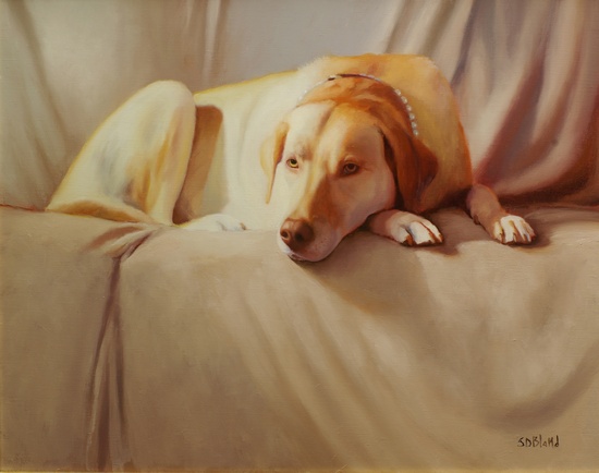 A painting of a yellow lab on a sofa