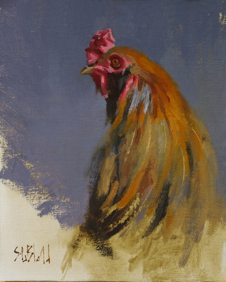 A painting of a rooster with lots of interesting edge work