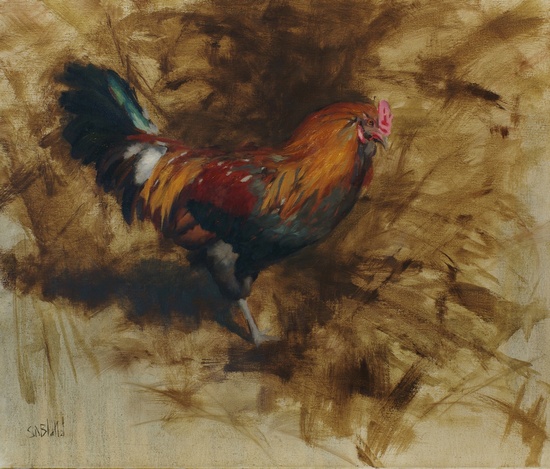 A painting of a rooster with an abstract monochrome backgroud