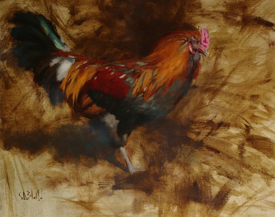 A painting of a rooster with an abstract monochrome background - this version is cropped