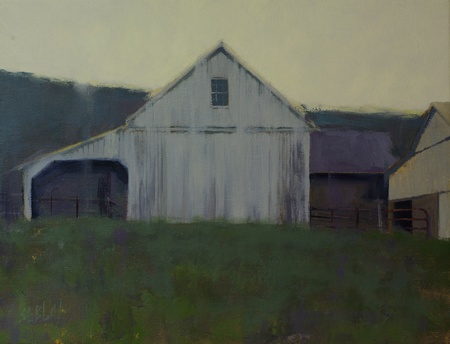 Completed painting of a white barn