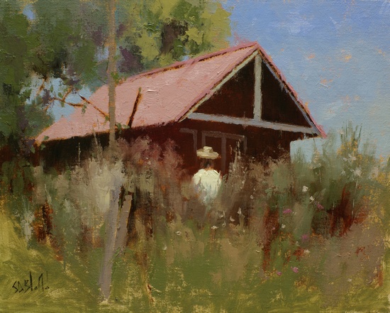 A painting of a farm shed at Woodgrove Meadows