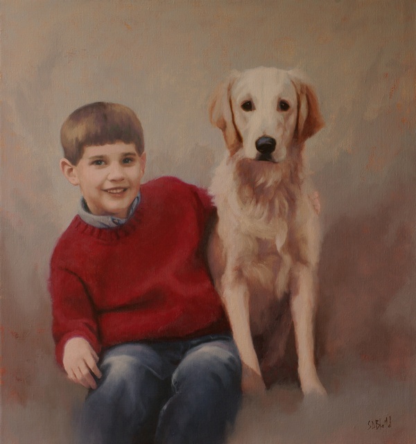 A portrait of David and Max - oil on linen by artist Simon Bland