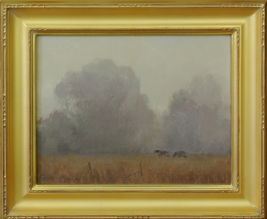 A painting of two horses in a field