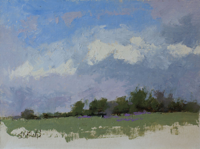 An oil painting of a lavender farm by artist Simon Bland