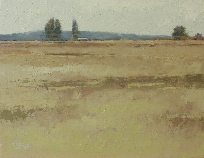 A high key oil painting of sheep in an open field with distant horizon line. Cottonwood trees are seen in the distance.