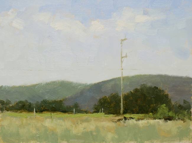 A green landscape painting with a bright band of color in the middle ground. The main feature is a telegraph pole on the right side.