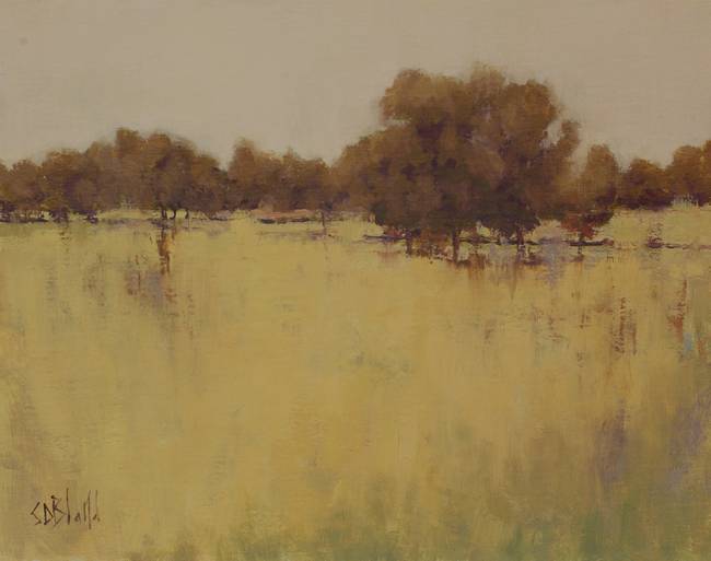 A landscape painting with little or no green. A few brown trees set in a field of pale yellow grasses.