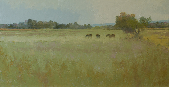 Oil painting of a landscape with three horses.