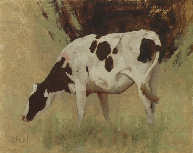 An oil painting of a Holstein cow done in an analogous color scheme