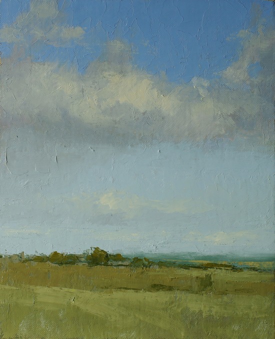 A painting of clouds in the northern sky with field and trees