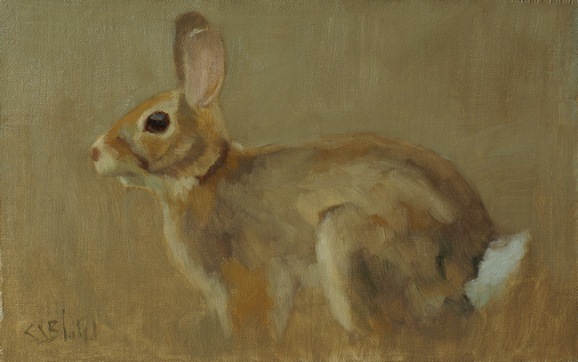 An oil painting of a rabbit set against a brown background