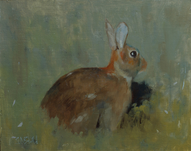 An oil painting of a rabbit set against a gray-green background