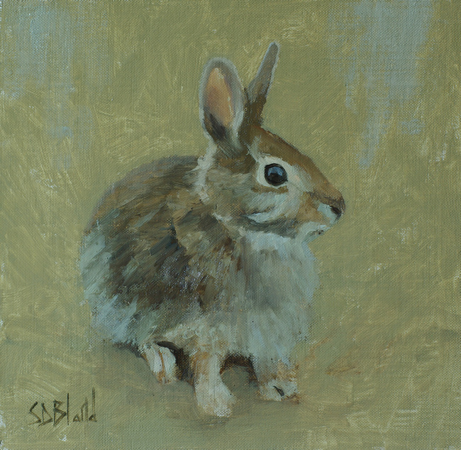 A oil painting sketch of a young rabbit with greenish umber background