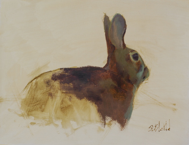 An oil painting of a rabbit with unfinished background