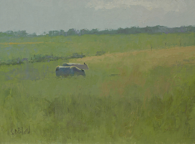 A landscape painting with cows by artist Simon Bland