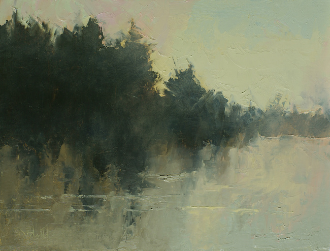 Abstract impressionistic landscape with pine trees, water, yellow sky and fog effects.