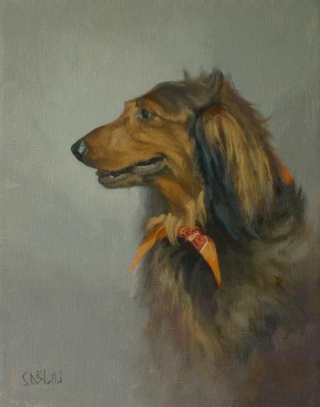 An oil painting of a long haired dachshund set against a neutral gray background