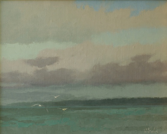 A painting of the view across Puget Sound to Edmonds WA