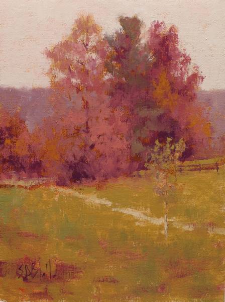 A vertical format landscape of a few trees in fall colors, primarily reds and yellows. An example of color constancy. There is no green in this landscape painting.