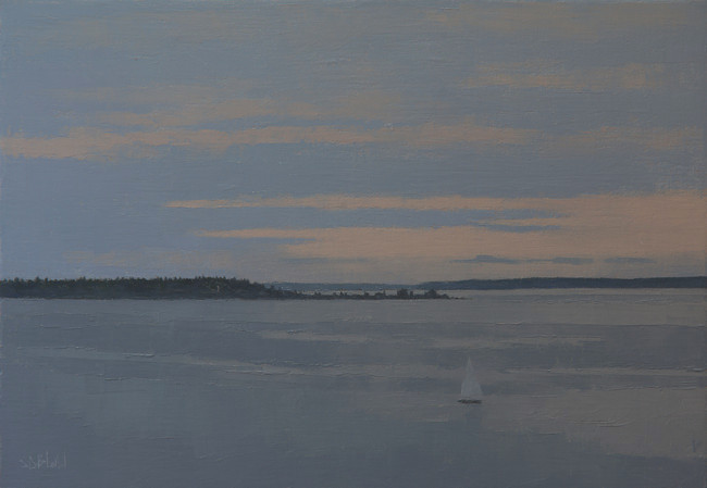 An oil painting of a sailing boat on Elliot Bay near Alki Point after sunset by artist Simon Bland